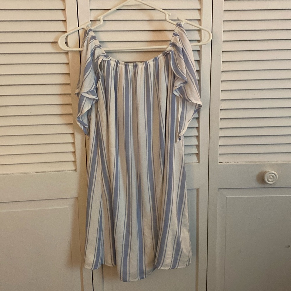 one clothing Blue and White Striped Off-Shoulder Dress